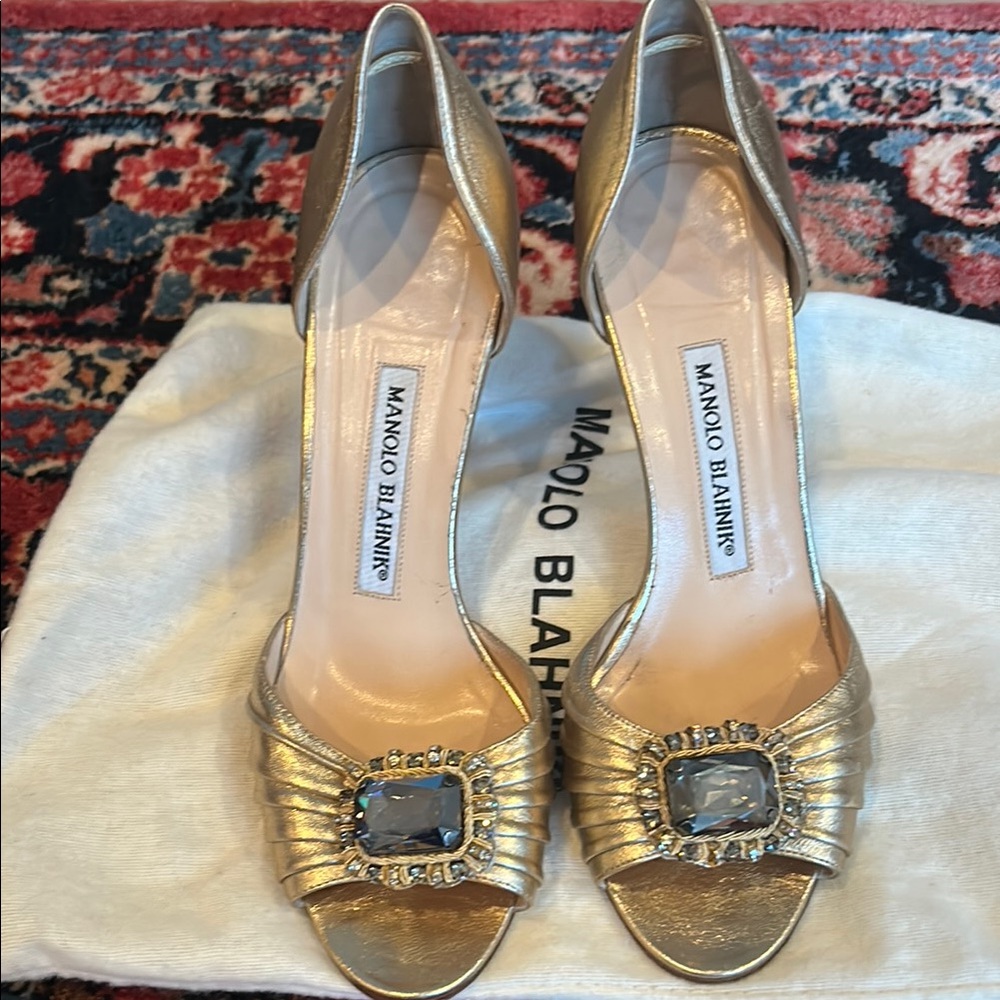 Manolo Blahnik Gold Peep-Toe d’Orsay Heels